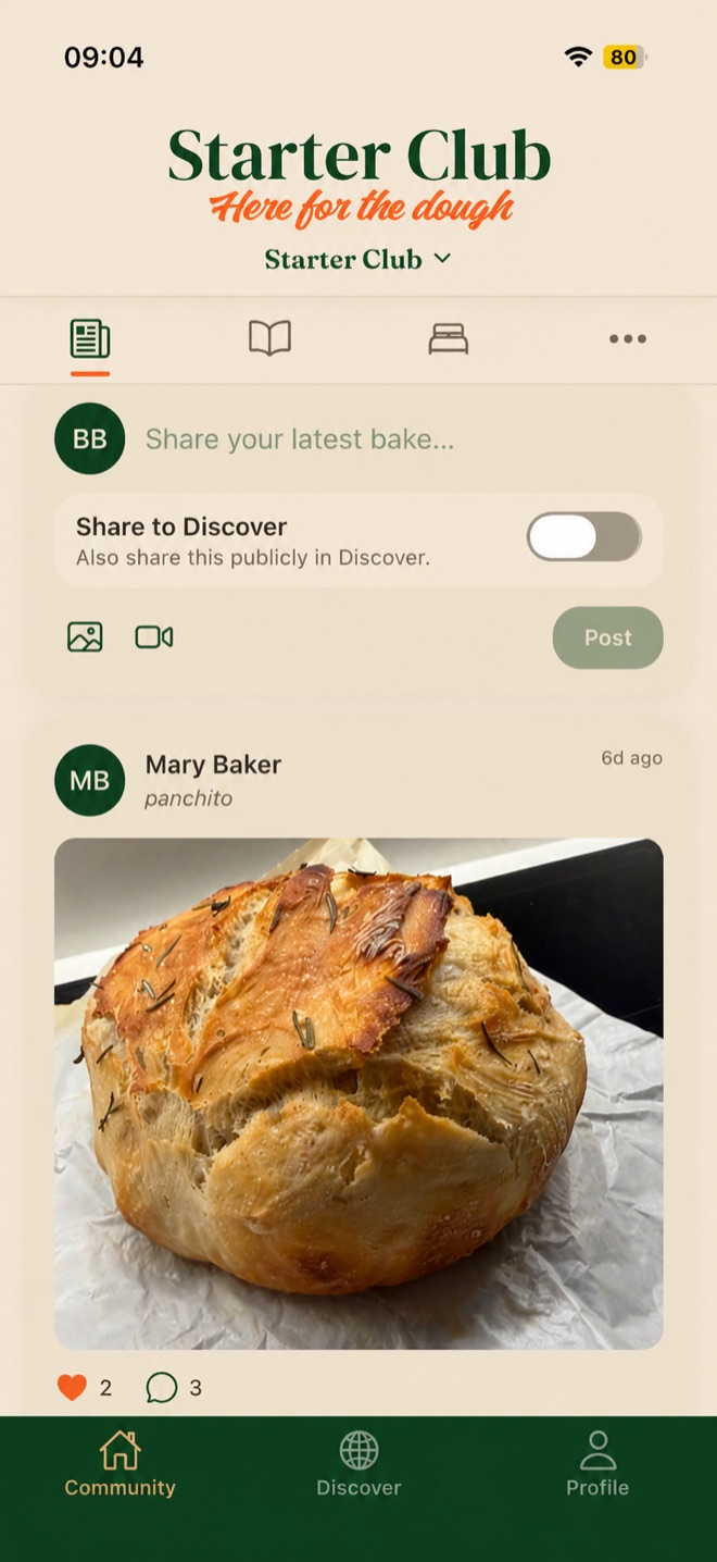 The Starter Club news feed, showing members' latest bakes